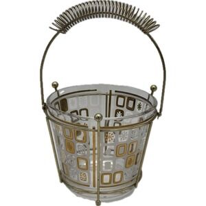 Vtg MCM Glass Ice Bucket Gold Atomic Asterisk Wire Handle Caddy Holder RARE Core